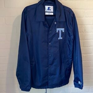 Starter jacket navy blue snap closure lined T patch‎ on left side chest